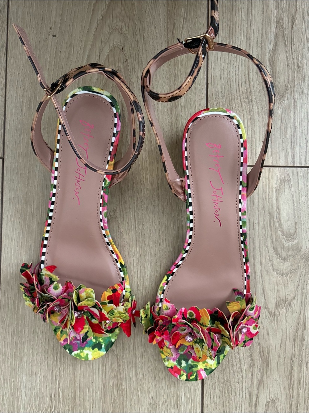 Betsey Johnson Floral Appliqué Ankle-Strap Sandals in Pink, Green, Yellow, Gold - Picture 2 of 4